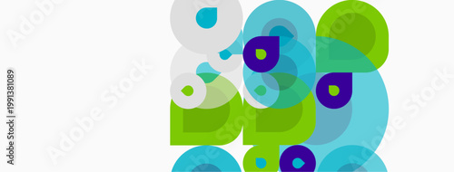 Abstract colorful circles overlap, creating dynamic visual composition. Light background enhances vibrant hues. Modern design element.