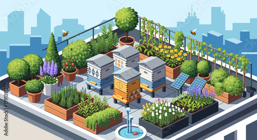 Urban Rooftop Apiary Garden with Beehives and Planters.
