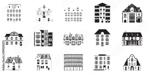 Set of various european building and house silhouettes, collection of classic and modern residential architecture vector icons.