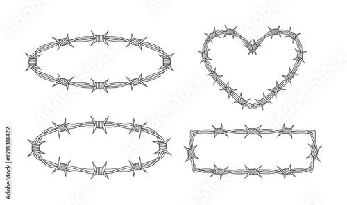Four barbed wire frames oval heart rectangle square shapes