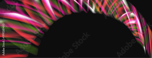 Abstract colorful lines form arch shape over black background. Vivid gradients create dynamic visual effect.