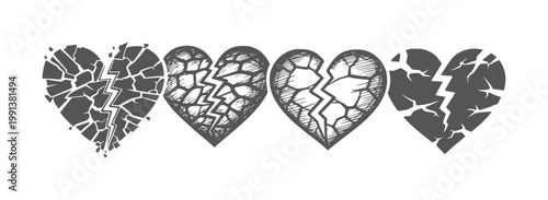 Four dark grey broken heart with varied crack patterns shattered damage