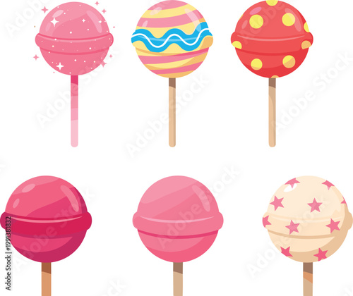Colorful lollipop candy set with sweet dessert treats different designs and flavors cartoon vector illustration collection isolated