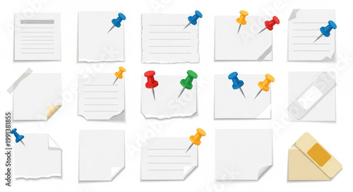 Collection of Blank Paper Notes Pinned with Colorful Thumbtacks.