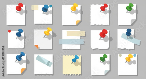 Collection of Blank Paper Notes Pinned with Colorful Thumbtacks.