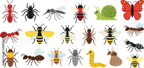 Flat Style Insects Collection with Ant Bee Wasp Butterfly Mosquito Snail and Worm Vector Illustration Set