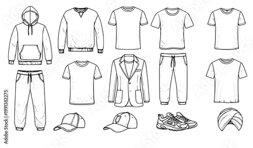 Obraz na płótnie Mens sportswear doodle set hoodie joggers sneakers fashion outline vector illust