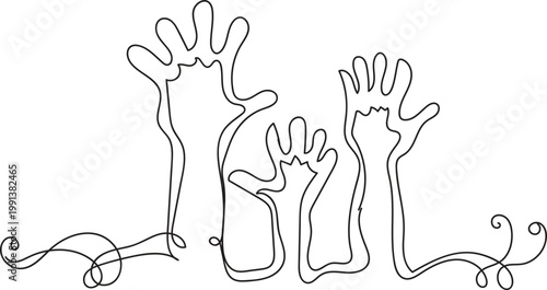 Continuous line drawing of raised hands representing community and participation Vector, illustration