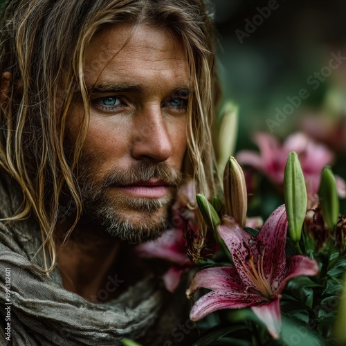 Cinematic portrait of Jesus Christ standing among peaceful lilies at dusk with soft divine light and detailed linen robes.