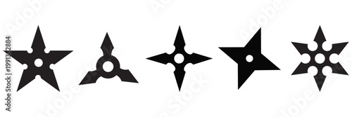 Japanese Shuriken Ninja Star Icon Set – Traditional Martial Arts Throwing Weapon Silhouette Collection in Outline and 
Solid Styles for Game and UI Design Vector Illustration