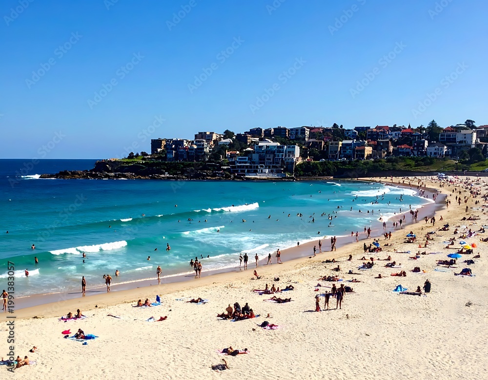 Obraz premium A sunny beach scene with people and buildings