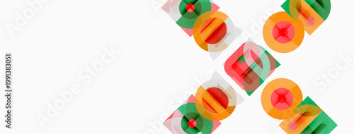 Abstract geometric shapes overlap, creating colorful patterns. Minimalist design with vibrant hues on white background.