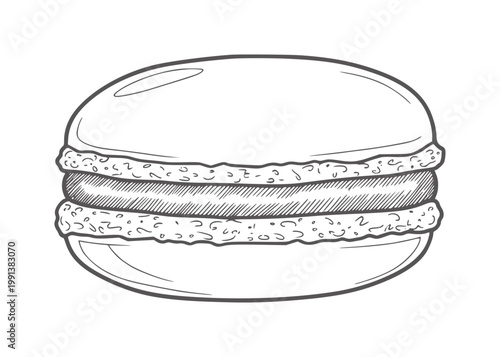 Hand drawn macaron cookie with dark filling and textured shell dessert food sweet