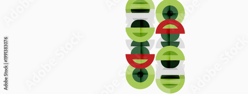 Abstract geometric shapes, circles, rectangles overlap. Green, red hues dominate white background. Minimalist design, modern aesthetic.