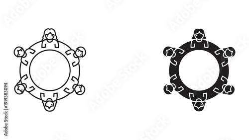 Vector illustration of people sitting around a round table in two styles