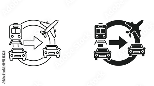 Black and white line icons of transportation modes in a circular pattern with arrows