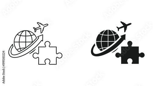 Black and white line and solid icon of airplane flying around globe with puzzle piece