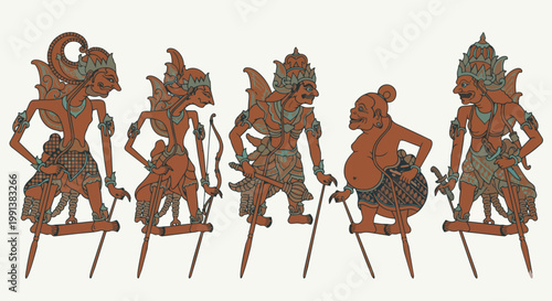 Indonesian Wayang Kulit Characters Set Vector Illustration Traditional Javanese Puppet Art
