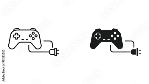 Vector illustration of gaming controllers with power cords in black and white