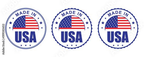 Made in USA Badge Set with American Flag Round Seal Label for Product Origin Quality Mark