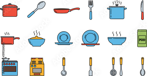 Kitchen Utensils and Cookware Vector Icon Set with Pot Pan and Stove