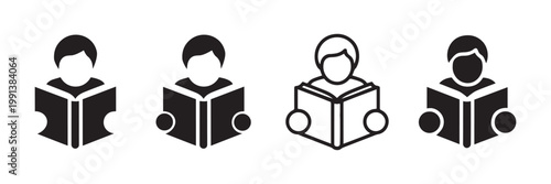 Person reading book icon set representing literacy education and study in vector format.