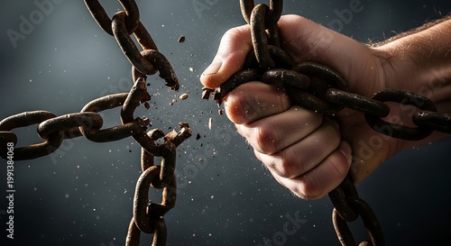 Hand breaking free from rusty chain.