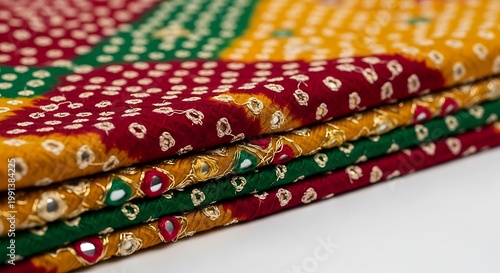 Stack of colorful Indian print fabrics.