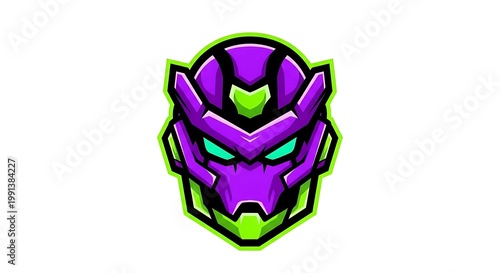 Purple robot head with green eyes.