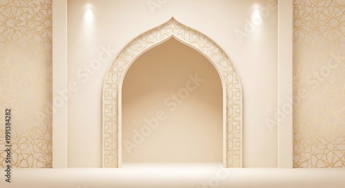 Antique Thai architecture featuring an ornate gold and wood entrance door set within an ancient stone arch of a traditional religious temple building