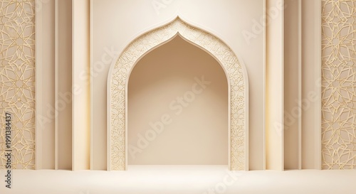 Antique Thai architecture featuring an ornate gold and wood entrance door set within an ancient stone arch of a traditional religious temple building