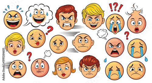 Collection of cartoon faces expressing various emotions and reactions.