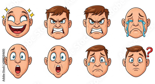 Collection of cartoon faces expressing various emotions like joy anger sadness surprise and confusion.
