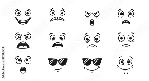 Collection of Cartoon Faces Expressing Various Emotions.
