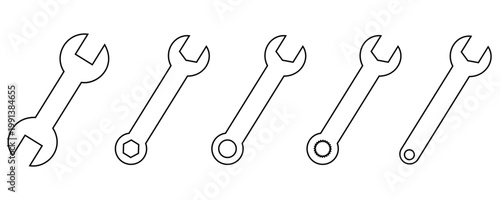 Wrench and Spanner Icon Set in Outline and Silhouette Styles – Repair, Maintenance and Mechanical Tools Vector Collection 
for UI and Industrial Design