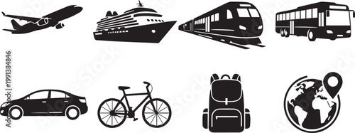 A collection of transportation icons including airplane, cruise ship, train, bus, car, bicycle, and luggage on a white background.
