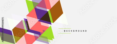 Abstract geometric shapes overlap, creating vibrant layered design. Light background enhances colorful elements. Modern aesthetic.