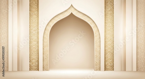 Antique Thai architecture featuring an ornate gold and wood entrance door set within an ancient stone arch of a traditional religious temple building