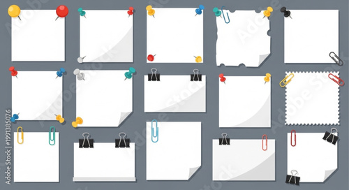 Collection of blank white paper notes pinned and clipped.