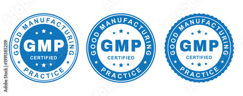 GMP Certified Badge Set Good Manufacturing Practice Seal Blue Quality Compliance Label Icons