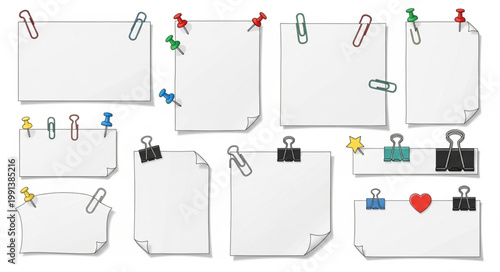 Collection of blank white paper sheets attached with various clips and pins.