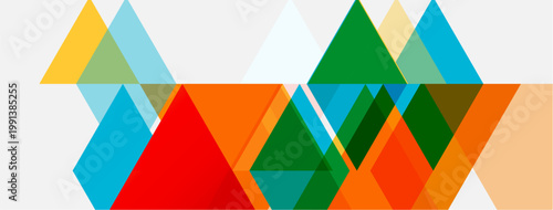 Abstract geometric shapes overlap, creating colorful pattern. Triangles, squares, hexagons dominate composition. Bright hues present modern design.