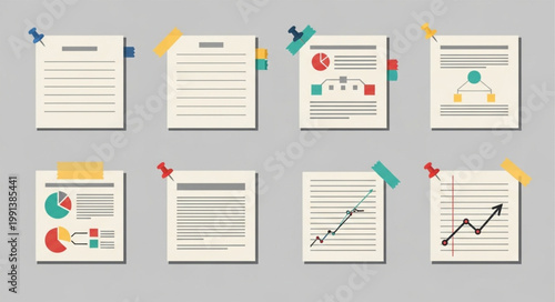 Collection of Business Documents and Charts Pinned to a Wall.