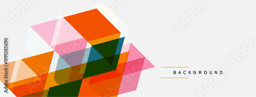 Abstract geometric shapes overlap, creating dynamic composition. Orange, pink, green hues dominate white space. Minimalist design.