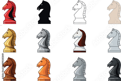 Chess knight pieces collection in various colors and styles, strategy board game horse icons vector illustration set