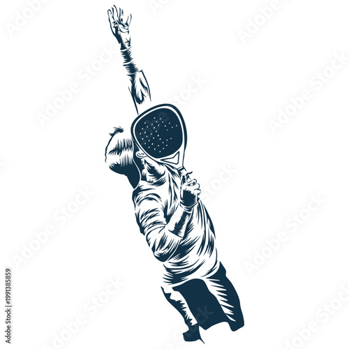 Stylized illustration of a male padel player executing an overhead shot.