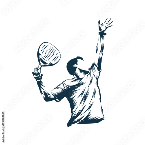 Stylized illustration of a male padel player executing an overhead shot.