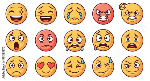 Collection of cartoon emojis displaying various emotions and expressions.