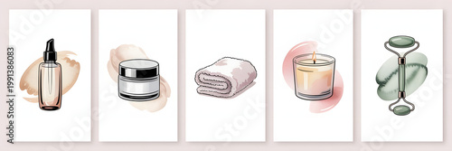 Spa products set in watercolor style in pastel colors for wellness concept