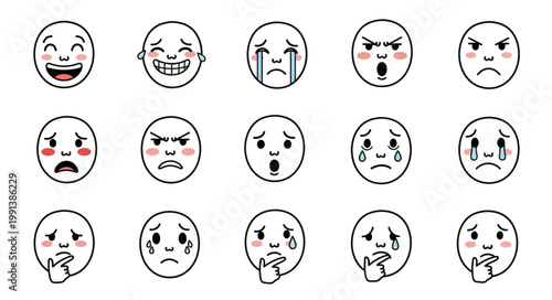 Collection of cartoon faces expressing various emotions and feelings.